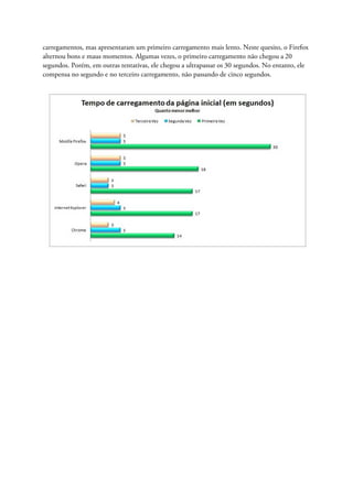 carregamentos, mas apresentaram um primeiro carregamento mais lento. Neste quesito, o Firefox
alternou bons e maus momentos. Algumas vezes, o primeiro carregamento não chegou a 20
segundos. Porém, em outras tentativas, ele chegou a ultrapassar os 30 segundos. No entanto, ele
compensa no segundo e no terceiro carregamento, não passando de cinco segundos.
 