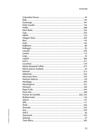 SOMMAIRE



                            Columbia House ............................................................................... 49
                            Dell .................................................................................................. 144
                            Esselunga......................................................................................... 341
                            Estée Lauder .................................................................................... 145
                            FedEx ............................................................................................... 288
                            Fleet Bank ........................................................................................ 232
                            Gap .................................................................................................. 224
                            H&M................................................................................................ 132
                            Häagen-Dazs ................................................................................... 265
                            Ikea .................................................................................................. 145
                            Intel.................................................................................................. 165
                            KaBloom ............................................................................................ 80
                            Kellogg’s............................................................................................ 95
                            Lacoste ............................................................................................ 259
                            Leclerc ............................................................................................. 112
                            Lego ................................................................................................... 45
                            Lepetit ............................................................................................. 286
                            Levi’s ................................................................................................ 211
                            Luxottica ......................................................................................... 129
                            Maine Roasted Coffee .................................................................... 277
                            Marie Jeanne Godard ....................................................................... 59
                            Mariott ............................................................................................ 213
                            Mephisto ......................................................................................... 254
                            Mountain Dew................................................................................ 370
                            Neiman Marcus .............................................................................. 130
                            NestEggz ......................................................................................... 299
                            Neutrogena..................................................................................... 272
                            Norauto ........................................................................................... 340
                            Pepsi-Cola ....................................................................................... 244
                            Pizza Hut ......................................................................................... 248
                            Procter & Gamble .................................................................. 226, 245
                            Rubbermaid .................................................................................... 136
                            Saturn .............................................................................................. 121
                            SFR ................................................................................................... 111
                            Shell ................................................................................................. 256
                            Shiseido ........................................................................................... 224
© Éditions d’organisation




                            Sixt ................................................................................................... 229
                            SNCF.................................................................................................. 46
                            Starwood ......................................................................................... 103
                            Subway .............................................................................................. 37
                            Taxis Bleus ....................................................................................... 383


                                                                                                                                    11
 
