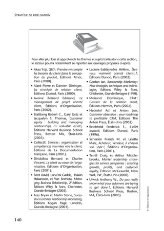 STRATÉGIE DE FIDÉLISATION




            Pour aller plus loin et approfondir les thèmes et sujets traités dans cette section,
            le lecteur pourra notamment se reporter aux ouvrages proposés ci-après.
           • Akao Yoji, QFD : Prendre en compte        • Lacroix-Sablayrolles Hélène, Êtes-
             les besoins du client dans la concep-       vous vraiment orienté clients ?,
             tion du produit, Éditions Afnor,            Éditions Dunod, Paris (2002).
             Paris (2000).                             • Gordon Ian, Relationship Marketing :
           • Alard Pierre et Damien Dirringer,           New strategies, techniques and techno-
             La stratégie de relation client,            logies, Éditions Wiley & Sons,
             Éditions Dunod, Paris (2000).               Chichester, Grande-Bretagne (1998).
           • Avoine Bernard Edmond, Le                 • Moisand        Dominique,       CRM :
             management de projet orienté                Gestion de la relation client,
             client, Éditions d’Organisation,            Éditions Hermès, Paris (2002).
             Paris (2002).                             • Nederlof Ad et Anton Jon,
           • Blattberg Robert C., Gary Getz et           Customer obsession : your roadmap
             Jacquelyn S. Thomas, Customer               to profitable CRM, Éditions The
             equity : building and managing              Anton Press, États-Unis (2002).
             relationships as valuable assets,         • Reichheld Frederick F., L’effet
             Éditions Harvard Business School            loyauté, Éditions Dunod, Paris
             Press, Boston MA, États-Unis                (1996).
             (2001).                                   • Scheelen Franck M. et Lévitte
           • Collectif, Services : organisation et       Marc, Acheteur, Vendeur, à chacun
             compétences tournées vers le client,        son style !, Éditions d’Organisa-
             Éditions de La Documentation                tion, Paris (2001).
             Française, Paris (2001).                  • Terrill Craig et Arthur Middle-
           • Diridollou Bernard et Charles               brooks, Market leadership strate-
             Vincent, Le client au cœur de l’orga-       gies for service companies : creating
             nisation, Éditions d’Organisation,          growth, profits, and customer
             Paris (2001).                               loyalty, Éditions McGrawHill, New
           • Ford David, Lars-Erik Gadde, Hâkân          York, NY, États-Unis (2000).
             Hakansson, et Van Snehota, Mana-          • Ulwick Anthony W., Do you really
             ging Business Relationship, 2e édition,     know what your cutomers are trying
             Éditions Wiley & Sons, Chichester,          to get done ?, Éditions Harvard
                                                                                                   © Éditions d’organisation




             Grande-Bretagne (2003).                     Business School Press, Boston,
           • Foss Bryan et Merlin Stone, Suces-          MA, États-Unis (2003).
             sful customer relationship marketing,
             Éditions Kogan Page, Londres,
             Grande-Bretagne (2001).



140
 