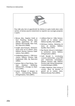 STRATÉGIE DE FIDÉLISATION




            Pour aller plus loin et approfondir les thèmes et sujets traités dans cette
            section, le lecteur pourra notamment se reporter aux ouvrages proposés
            ci-après.


            • Berson Alex, Stephen Smith et        • Lefébure René et Gilles Venturi,
              Kurt Thearling, Building Data          Gestion de la relation client,
              Mining applications for CRM,           Éditions Eyrolles, Paris (2000).
              Éditions McGrawHill, New York,       • Micheaux Andrea, Marketing de
              NY, États-Unis (2000).                 bases de données, Éditions
            • Goglin Jean-François, Dataware-        Eyrolles, Paris (1997).
              house pivot de la relation client,   • Ray Daniel, Mesurer et développer
              Éditions Hermes Sciences Publi-        la satisfaction clients, Éditions
              cations, Paris (2001).                 d’Organisation (2001).
            • Goldenberg Barton J., CRM Auto-      • Swift Ronald S., Accelerating
              mation, Éditions Prentice Hall,        customer relationships : using CRM
              Englewood Cliffs, NJ, États-Unis       and relationship technologies,
              (2002).                                Éditions Prentice Hall, Éditions
            • Jackson Rob et Paul Wang, Stra-        Prentice Hall, Hemel Hempstead,
              tegic    Database    Marketing,        Grande-Bretagne (2000).
              Éditions NTC, Chicago, IL, États-    • Tufféry Stéphane, Data mining et
              Unis (1995).                           scoring : Bases de données et
            • Latour Philippe et Jacques Le          gestion de la relation client,
              Floc’h , Géomarketing, Éditions        Éditions Dunod, Paris (2003).
              d’Organisation, Paris (2001).
                                                                                          © Éditions d’organisation




206
 