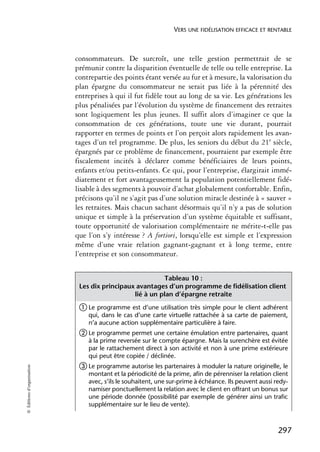 VERS UNE FIDÉLISATION EFFICACE ET RENTABLE



                            consommateurs. De surcroît, une telle gestion permettrait de se
                            prémunir contre la disparition éventuelle de telle ou telle entreprise. La
                            contrepartie des points étant versée au fur et à mesure, la valorisation du
                            plan épargne du consommateur ne serait pas liée à la pérennité des
                            entreprises à qui il fut fidèle tout au long de sa vie. Les générations les
                            plus pénalisées par l’évolution du système de financement des retraites
                            sont logiquement les plus jeunes. Il suffit alors d’imaginer ce que la
                            consommation de ces générations, toute une vie durant, pourrait
                            rapporter en termes de points et l’on perçoit alors rapidement les avan-
                            tages d’un tel programme. De plus, les seniors du début du 21e siècle,
                            épargnés par ce problème de financement, pourraient par exemple être
                            fiscalement incités à déclarer comme bénéficiaires de leurs points,
                            enfants et/ou petits-enfants. Ce qui, pour l’entreprise, élargirait immé-
                            diatement et fort avantageusement la population potentiellement fidé-
                            lisable à des segments à pouvoir d’achat globalement confortable. Enfin,
                            précisons qu’il ne s’agit pas d’une solution miracle destinée à « sauver »
                            les retraites. Mais chacun sachant désormais qu’il n’y a pas de solution
                            unique et simple à la préservation d’un système équitable et suffisant,
                            toute opportunité de valorisation complémentaire ne mérite-t-elle pas
                            que l’on s’y intéresse ? A fortiori, lorsqu’elle est simple et l’expression
                            même d’une vraie relation gagnant-gagnant et à long terme, entre
                            l’entreprise et son consommateur.


                                                         Tableau 10 :
                             Les dix principaux avantages d’un programme de fidélisation client
                                               lié à un plan d’épargne retraite
                             ቢ Le programme est d’une utilisation très simple pour le client adhérent
                                qui, dans le cas d’une carte virtuelle rattachée à sa carte de paiement,
                                n’a aucune action supplémentaire particulière à faire.
                             ባ Le programme permet une certaine émulation entre partenaires, quant
                                à la prime reversée sur le compte épargne. Mais la surenchère est évitée
                                par le rattachement direct à son activité et non à une prime extérieure
                                qui peut être copiée / déclinée.
                             ቤ Le programme autorise les partenaires à moduler la nature originelle, le
© Éditions d’organisation




                                montant et la périodicité de la prime, afin de pérenniser la relation client
                                avec, s’ils le souhaitent, une sur-prime à échéance. Ils peuvent aussi redy-
                                namiser ponctuellement la relation avec le client en offrant un bonus sur
                                une période donnée (possibilité par exemple de générer ainsi un trafic
                                supplémentaire sur le lieu de vente).



                                                                                                        297
 