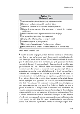 CONCLUSION




                                                                Tableau 11 :
                                                             10 règles de base.
                             ቢ Définir clairement au départ des objectifs métier réalistes.
                             ባ Construire un business case et le maintenir à jour.
                             ቤ Obtenir et conserver le soutien de la direction générale.
                             ብ Réaliser le projet dans un délai assez court et obtenir        des résultats
                                 rapidement.
                             ቦ Restreindre et maîtriser le périmètre fonctionnel du projet.
                             ቧ Ne pas négliger la conduite du changement.
                             ቨ Impliquer les utilisateurs tout au long du projet.
                             ቩ Diriger le projet de façon rigoureuse.
                             ቪ Bien intégrer la solution dans l’environnement existant.
                             ቫ Mesurer les résultats obtenus à l’aide d’indicateurs de performance.
                            D’après Deloitte Consulting, 2002.


                            À tous les résistants utopiques, coincés dans leur tranchée de circonstance,
                            voici donc la vraie révélation du succès d’une stratégie de fidélisation effi-
                            cace. Il ne s’agit pas de rendre le client fidèle à la marque à l’aide de techni-
                            ques de fidélisation, même bien maîtrisées, car quels que soient les efforts
                            entrepris, la démarche demeurerait fragile. Il s’agit en fait, de tout faire pour
                            que la marque soit, elle, fidèle en toutes circonstances à ses différents
                            consommateurs. Le lecteur, ne percevant encore qu’une simple différence
                            sémantique, est autorisé à reprendre la lecture de ce livre à partir de l’aver-
                            tissement. En développant son bouclier de confiance sur les piliers du
                            comportement, du statut, de l’image, de la pérennité, de la transparence et
                            de ses valeurs, l’entreprise ne mise plus seulement sur la satisfaction de
                            besoins physiques, mais également sur la satisfaction de besoins émotion-
                            nels. D’où l’importance d’être en contact permanent le plus direct possible
                            avec ses consommateurs, pour suivre leur évolution. Quelle que soit la
                            qualité de l’offre de la marque dont il consomme avec satisfaction les
                            produits, un consommateur pourra toujours être tenté par la diversité et/ou
                            la nouveauté offertes par un concurrent. Si l’entreprise, qui avait jusqu’alors
© Éditions d’organisation




                            sa fidélité, est en mesure d’être en permanence à l’origine de cette diversité
                            et/ou de cette nouveauté, elle a toutes les chances de conserver l’initiative du
                            grand jeu concurrentiel. Une fois encore, la fidélisation est un combat de
                            tous les jours. D’aucuns le percevront comme un challenge des plus moti-


                                                                                                       311
 