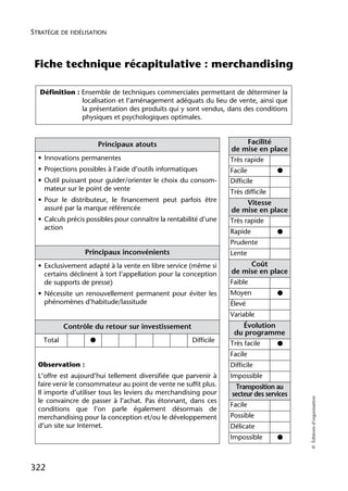 STRATÉGIE DE FIDÉLISATION



 Fiche technique récapitulative : merchandising

   Définition : Ensemble de techniques commerciales permettant de déterminer la
                localisation et l’aménagement adéquats du lieu de vente, ainsi que
                la présentation des produits qui y sont vendus, dans des conditions
                physiques et psychologiques optimales.


                        Principaux atouts                                Facilité
                                                                   de mise en place
  • Innovations permanentes                                        Très rapide
  • Projections possibles à l’aide d’outils informatiques          Facile           ●
  • Outil puissant pour guider/orienter le choix du consom-        Difficile
    mateur sur le point de vente                                   Très difficile
  • Pour le distributeur, le financement peut parfois être               Vitesse
    assuré par la marque référencée                                de mise en place
  • Calculs précis possibles pour connaître la rentabilité d’une   Très rapide
    action
                                                                   Rapide           ●
                                                                   Prudente
                  Principaux inconvénients                         Lente
  • Exclusivement adapté à la vente en libre service (même si             Coût
    certains déclinent à tort l’appellation pour la conception     de mise en place
    de supports de presse)                                         Faible
  • Nécessite un renouvellement permanent pour éviter les          Moyen            ●
    phénomènes d’habitude/lassitude                                Élevé
                                                                   Variable
            Contrôle du retour sur investissement                       Évolution
                                                                    du programme
    Total           ●                                  Difficile   Très facile    ●
                                                                   Facile
  Observation :                                                    Difficile
  L’offre est aujourd’hui tellement diversifiée que parvenir à     Impossible
  faire venir le consommateur au point de vente ne suffit plus.      Transposition au
  Il importe d’utiliser tous les leviers du merchandising pour      secteur des services
                                                                                           © Éditions d’organisation




  le convaincre de passer à l’achat. Pas étonnant, dans ces
                                                                   Facile
  conditions que l’on parle également désormais de
  merchandising pour la conception et/ou le développement          Possible
  d’un site sur Internet.                                          Délicate
                                                                   Impossible       ●



322
 