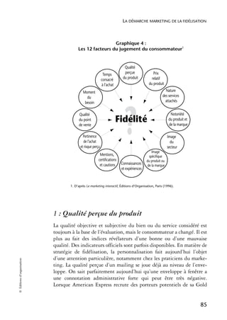 LA DÉMARCHE MARKETING DE LA FIDÉLISATION



                                                          Graphique 4 :
                                         Les 12 facteurs du jugement du consommateur1


                                                                            Qualité
                                                              Temps         perçue             Prix
                                                             consacré      du produit         relatif
                                                             à l’achat                      du produit

                                            Moment                                                      Nature
                                              du                                                      des services
                                             besoin                                                     attachés


                                          Qualité
                                          du point
                                          de vente

                                             Pertinence
                                             de l’achat
                                           et risque perçu
                                                                           ?
                                                                         Fidélité


                                                                                               Image
                                                                                                             Notoriété
                                                                                                            du produit et
                                                                                                            de la marque

                                                                                                           Image
                                                                                                             du
                                                                                                           secteur
                                                          Mentions,                          spécifique
                                                         certifications                    du produit ou
                                                          et cautions     Connaissances     de la marque
                                                                          et expériences



                                    1. D’après Le marketing interactif, Éditions d’Organisation, Paris (1996).




                            1 : Qualité perçue du produit
                            La qualité objective et subjective du bien ou du service considéré est
                            toujours à la base de l’évaluation, mais le consommateur a changé. Il est
                            plus au fait des indices révélateurs d’une bonne ou d’une mauvaise
                            qualité. Des indicateurs officiels sont parfois disponibles. En matière de
                            stratégie de fidélisation, la personnalisation fait aujourd’hui l’objet
                            d’une attention particulière, notamment chez les praticiens du marke-
© Éditions d’organisation




                            ting. La qualité perçue d’un mailing se joue déjà au niveau de l’enve-
                            loppe. On sait parfaitement aujourd’hui qu’une enveloppe à fenêtre a
                            une connotation administrative forte qui peut être très négative.
                            Lorsque American Express recrute des porteurs potentiels de sa Gold


                                                                                                                            85
 