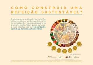 A S S O C I A Ç Ã O P O R T U G U E S A D E N U T R I Ç Ã O | W W W . A P N . O R G . P T | G E R A L @ A P N . O R G . P T
C O M O C O N S T R U I R U M A
R E F E I Ç Ã O S U S T E N T Á V E L ?
O planeamento antecipado das refeições
diárias permite uma gestão mais eficiente do
dia alimentar, dos recursos utilizados e do
orçamento familiar. Assim, quando estruturar
as suas refeições, siga as Recomendações
da Roda da Alimentação Mediterrânica.
Esta representação é um complemento à nova Roda dos Alimentos.
 