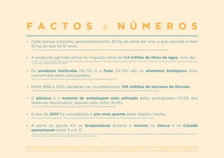 A S S O C I A Ç Ã O P O R T U G U E S A D E N U T R I Ç Ã O | W W W . A P N . O R G . P T | G E R A L @ A P N . O R G . P T
•	 Cada pessoa consome, aproximadamente, 20 Kg de peixe por ano, o que equivale a mais
10 Kg do que há 57 anos.
FAO. The state of world fisheries and aquaculture 2016. Contributing to food security and nutrition for all. Rome: Food and Agriculture Organization of the United Nations; 2016.
•	 A produção agrícola utiliza na irrigação cerca de 7,4 triliões de litros de água, num dia.
Unturbe J et al. Water and sustainable development. United Nations Office to Support the International Decade for Action (UNO-IDfA) ‘Water for Life’ 2005-2015 [acesso a 21/03/2017]. Disponível em: http://www.
un.org/waterforlifedecade/pdf/wm-iii-eng.pdf.
•	 Os produtos hortícolas (16,7%) e a fruta (14,7%) são os alimentos biológicos mais
consumidos pelos portugueses.
Lopes C et al. Inquérito alimentar nacional e de atividade física (IAN-AF) 2015-16. Universidade do Porto; 2017.
•	 Entre 1990 e 2015, perderam-se, mundialmente, 129 milhões de hectares de floresta.
FAO. Global forest resources assessment 2015. How are the world’s forests changing? 2nd ed. Rome: Food and Agriculture Organization of the United Nations; 2016.
•	 O plástico é o material de embalagem mais utilizado pelos portugueses (71,2% dos
materiais reportados), seguido pelo vidro (9,4%).
Lopes C et al. Inquérito alimentar nacional e de atividade física (IAN-AF) 2015-16. Universidade do Porto; 2017.
•	 O ano de 2015 foi considerado o ano mais quente pelas Nações Unidas.
FAO. The state of food and agriculture – climate change, agriculture and food security. Rome: Food and Agriculture Organization of the United Nations; 2016.
•	 A partir do século XX, as temperaturas durante o inverno no Alasca e no Canadá
aumentaram entre 3 a 4 o
C.
Center for Sustainable Systems, University of Michigan. Climate change: science and impacts factsheet [Internet]. Ann Arbor: University of Michigan;2016. Pub. No. CSS05-19 [acesso a 23/03/2017]. Disponível em:
http://css.snre.umich.edu/factsheets/climate-change-science-and-impacts-factsheet.
F A C T O S & N Ú M E R O S
 