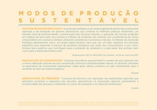 A S S O C I A Ç Ã O P O R T U G U E S A D E N U T R I Ç Ã O | W W W . A P N . O R G . P T | G E R A L @ A P N . O R G . P T
M O D O S D E P R O D U Ç Ã O
S U S T E N T Á V E L
MODO DE PRODUÇÃO BIOLÓGICO: “A produção biológica é um sistema global de gestão das explorações
agrícolas e de produção de géneros alimentícios que combina as melhores práticas ambientais, um
elevado nível de biodiversidade, a preservação dos recursos naturais, a aplicação de normas exigentes
em matéria de bem-estar dos animais e método de produção em sintonia com a preferência de certos
consumidores por produtos obtidos utilizando substâncias e processos naturais. O método de produção
biológica desempenha, assim, um duplo papel societal, visto que, por um lado, abastece um mercado
específico que responde à procura de produtos biológicos por parte dos consumidores e, por outro,
fornece bens públicos que contribuem para a proteção do ambiente e o bem-estar dos animais, bem
como para o desenvolvimento rural.”
Regulamento (CE) N.º 834/2007 do Conselho de 28 de Junho de 2007
AGRICULTURA DE CONSERVAÇÃO: “Conjunto de práticas que permitem o maneio do solo agrícola com
a menor alteração possível da sua composição, estrutura e biodiversidade natural. As técnicas utilizadas
na agricultura de conservação apresentam, regra geral, efeitos positivos no solo contribuindo para o
aumento do teor de matéria orgânica.”
DGADR
AGRICULTURA DE PRECISÃO: “Conjunto de técnicas com aplicação nas explorações agrícolas que
permitem aumentar a segurança das decisões agronómicas na exploração agrícola, aumentando a
produtividade das parcelas e reduzindo os custos de produção e os impactes ambientais.”
DGADR
 