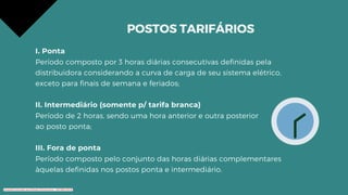 I. Ponta
Período composto por 3 horas diárias consecutivas definidas pela
distribuidora considerando a curva de carga de seu sistema elétrico,
exceto para finais de semana e feriados;
II. Intermediário (somente p/ tarifa branca)
Período de 2 horas, sendo uma hora anterior e outra posterior
ao posto ponta;
III. Fora de ponta
Período composto pelo conjunto das horas diárias complementares
àquelas definidas nos postos ponta e intermediário.
POSTOS TARIFÁRIOS
Conteúdo licenciado para Renato Zimmermann - 420.999.430-87
 