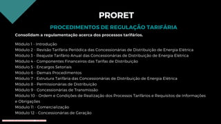 PRORET
Consolidam a regulamentação acerca dos processos tarifários.
Módulo 1 - Introdução
Módulo 2 - Revisão Tarifária Periódica das Concessionárias de Distribuição de Energia Elétrica
Módulo 3 - Reajuste Tarifário Anual das Concessionárias de Distribuição de Energia Elétrica
Módulo 4 - Componentes Financeiros das Tarifas de Distribuição
Módulo 5 - Encargos Setoriais
Módulo 6 - Demais Procedimentos
Módulo 7 - Estrutura Tarifária das Concessionárias de Distribuição de Energia Elétrica
Módulo 8 - Permissionárias de Distribuição
Módulo 9 - Concessionárias de Transmissão
Módulo 10 - Ordem e Condições de Realização dos Processos Tarifários e Requisitos de Informações
e Obrigações
Módulo 11 - Comercialização
Módulo 12 - Concessionárias de Geração
PROCEDIMENTOS DE REGULAÇÃO TARIFÁRIA
Conteúdo licenciado para Renato Zimmermann - 420.999.430-87
 