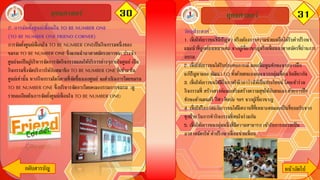 30ยุทธศาสตร์ 31
กลับสารบัญ หน้าถัึϹป
ยุทธศาสตร์
วัตถุประสงค์
1. เพื่อให้เยาวชนที่มีปัญหา หรือต้องการความช่วยเหลือได้รับคาปรึกษา
แนะนาที่ถูกต้องเหมาะสม จากผู้เชี่ยวชาญหรือเพื่อนอาสาสมัครที่ผ่านการ
อบรม
2. เพื่อให้เยาวชนได้รับประสบการณ์ และเพิ่มพูนทักษะจากการฝึก
แก้ปัญหาและ พัฒนา EQ ทั้งด้วยตนเองและจากกลุ่มเพื่อนวัยเดียวกัน
3. เพื่อให้เยาวชนได้มีโอกาสใช้เวลาว่างให้เป็นประโยชน์ โดยเข้าร่วม
กิจกรรมที่ สร้างสรรค์และเสริมสร้างความสุขให้กับตนเอง ด้วยการฝึก
ทักษะด้านดนตรี กีฬา ศิลปะ ฯลฯ จากผู้เชี่ยวชาญ
4. เพื่อให้โอกาสแก่เยาวชนได้มีสถานที่ที่เหมาะสมและเป็นที่ยอมรับจาก
ทุกฝ่าย ในการทากิจกรรมที่สนใจร่วมกัน
5. เพื่อให้เยาวชนกลุ่มหนึ่งที่มีความสามารถ เข้ารับการอบรมเป็น
อาสาสมัครให้คาปรึกษาเพื่อนช่วยเพื่อน
2. การจัดตั้งศูนย์เพื่อนใจ TO BE NUMBER ONE
(TO BE NUMBER ONE FRIEND CORNER)
การจัดตั้งศูนย์เพื่อนใจ TO BE NUMBER ONEเป็นกิจกรรมหนึ่งของ
ชมรม TO BE NUMBER ONE ซึ่งแกนนาอาสาสมัคร(เยาวชน) ประจา
ศูนย์จะเป็นผู้บริหารจัดการจัดกิจกรรมและให้บริการต่างๆภายในศูนย์ เป็น
กิจกรรมซึ่งจัดบริการให้กับสมาชิก TO BE NUMBER ONE ที่เข้ามาใน
ศูนย์เท่านั้น หากกิจกรรมใดก็ตามที่จัดขึ้นนอกศูนย์ จะดาเนินการโดยชมรม
TO BE NUMBER ONE ซึ่งบริหารจัดการโดยคณะกรรมการชมรม (ดู
รายละเอียดในการจัดตั้งศูนย์เพื่อนใจ TO BE NUMBER ONE)
 