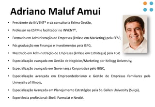Adriano Maluf Amui
• Presidente do INVENT® e da consultoria Esfera Gestão,
• Professor na ESPM e facilitador no INVENT®,
• Formado em Administração de Empresas (ênfase em Marketing) pela FESP,
• Pós graduação em Finanças e Investimentos pela ISPG,
• Mestrado em Administração de Empresas (ênfase em Estratégia) pela FGV,
• Especialização avançada em Gestão de Negócios/Marketing por Kellogg University,
• Especialização avançada em Governança Corporativa pelo IBGC,
• Especialização avançada em Empreendedorismo e Gestão de Empresas Familiares pela
University of Illinois,
• Especialização Avançada em Planejamento Estratégico pela St. Gallen University (Suiça),
• Experiência profissional: Shell, Parmalat e Nestlé.
 