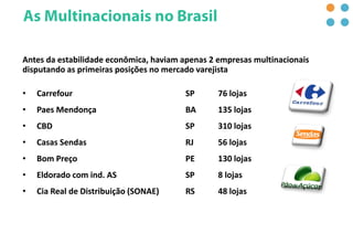 Antes da estabilidade econômica, haviam apenas 2 empresas multinacionais
disputando as primeiras posições no mercado varejista
• Carrefour SP 76 lojas
• Paes Mendonça BA 135 lojas
• CBD SP 310 lojas
• Casas Sendas RJ 56 lojas
• Bom Preço PE 130 lojas
• Eldorado com ind. AS SP 8 lojas
• Cia Real de Distribuição (SONAE) RS 48 lojas
 
