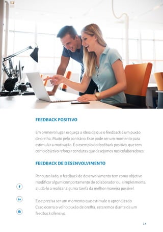 14
PASSE FEEDBACK DIRETO E CONSTRUTIVO PARA OS COLABORADORES
14
FEEDBACK POSITIVO
Em primeiro lugar, esqueça a ideia de que o feedback é um puxão
de orelha. Muito pelo contrário. Esse pode ser um momento para
estimular a motivação. É o exemplo do feedback positivo, que tem
como objetivo reforçar condutas que desejamos nos colaboradores.
FEEDBACK DE DESENVOLVIMENTO
Por outro lado, o feedback de desenvolvimento tem como objetivo
modificar algum comportamento do colaborador ou, simplesmente,
ajudá-lo a realizar alguma tarefa da melhor maneira possível.
Esse precisa ser um momento que estimule o aprendizado.
Caso ocorra o velho puxão de orelha, estaremos diante de um
feedback ofensivo.
 