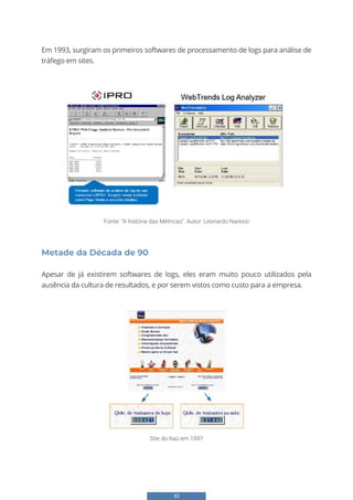 10
Em 1993, surgiram os primeiros softwares de processamento de logs para análise de
tráfego em sites.
Metade da Década de 90
Apesar de já existirem softwares de logs, eles eram muito pouco utilizados pela
ausência da cultura de resultados, e por serem vistos como custo para a empresa.
5
Unidade 1 - Origens e Conceitos
Em 1993, surgiram os primeiros softwares de processamento de logs para análise de
tráfego em sites.
Fonte: “A história das Métricas”. Autor: Leonardo Naressi
Metade da Década de 90
Apesar de já existirem softwares de logs, eles eram muito pouco utilizados pela ausência
da cultura de resultados, e por serem vistos como custo para a empresa.
Site do Itaú em 1997:
Fonte: “A história das Métricas”. Autor: Leonardo Naressi
5
Unidade 1 - Origens e Conceitos
Em 1993, surgiram os primeiros softwares de processamento de logs para análise de
tráfego em sites.
Fonte: “A história das Métricas”. Autor: Leonardo Naressi
Metade da Década de 90
Apesar de já existirem softwares de logs, eles eram muito pouco utilizados pela ausência
da cultura de resultados, e por serem vistos como custo para a empresa.
Site do Itaú em 1997:
Site do Itaú em 1997
 
