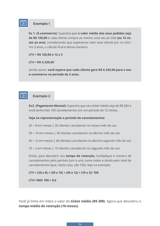 34
Ex 1. (E-commerce): Suponha que o valor médio dos seus pedidos seja
de R$ 120,00 e cada cliente compra ao menos uma vez ao mês (ou 12 ve-
zes ao ano), considerando que esperamos reter esse cliente por no míni-
mo 3 anos, o cálculo ficaria dessa maneira:
LTV = R$ 120,00 x 12 x 3
LTV = R$ 4.320,00
Sendo assim, você espera que cada cliente gere R$ 4.320,00 para o seu
e-commerce no período de 3 anos.
Exemplo 1
Ex2. (Pagamento Mensal): Suponha que seu ticket médio seja de R$ 300 e
você tenha tido 100 cancelamentos em um período de 12 meses.
Veja na representação o período de cancelamentos:
20 – 8 em meses | 20 clientes cancelaram no oitavo mês de uso
30 – 10 em meses | 30 clientes cancelaram no décimo mês de uso
40 – 12 em meses | 40 clientes cancelaram no décimo segundo mês de uso
10 – 2 em meses | 10 clientes cancelaram no segundo mês de uso
Então, para descobrir seu tempo de retenção, multiplique o número de
cancelamentos pelo período (um a um), some todos e divida pelo total de
cancelamentos (que, neste caso, são 100). Veja no exemplo:
LTV = (20 x 8) + (30 x 10) + (40 x 12) + (10 x 2)/ 100
LTV= 960/ 100 = 9,6
Exemplo 2
Você já tinha em mãos o valor do ticket médio (R$ 300). Agora que descobriu o
tempo médio de retenção (10 meses).
 