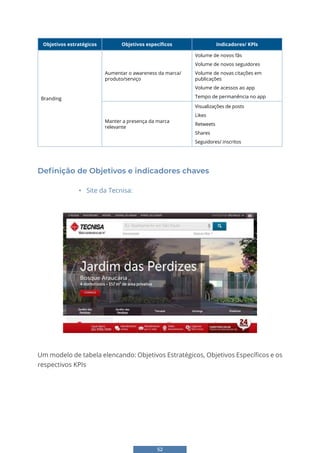 52
Objetivos estratégicos Objetivos específicos Indicadores/ KPls
Branding
Aumentar o awareness da marca/
produto/serviço
Volume de novos fãs
Volume de novos seguidores
Volume de novas citações em
publicações
Volume de acessos ao app
Tempo de permanência no app
Manter a presença da marca
relevante
Visualizações de posts
Likes
Retweets
Shares
Seguidores/ inscritos
Definição de Objetivos e indicadores chaves
• Site da Tecnisa:
Definição de Objetivos e indicadores chaves
• Site da Tecnisa:
Um modelo de tabela elencando: Objetivos Estratégicos, Objetivos Específicos e os
respectivos KPIs
Atenção: Esta definição é apenas um modelo, uma inferência, e pode não refletir
a realidade da empresa!
Um modelo de tabela elencando: Objetivos Estratégicos, Objetivos Específicos e os
respectivos KPIs
 