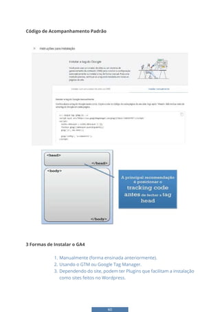 60
Código de Acompanhamento Padrão
54
Código de Acompanhamento Padrão
3 Formas de Instalar o GA4
1) Manualmente (forma ensinada anteriormente).
2) Usando o GTM ou Google Tag Manager.
3 Formas de Instalar o GA4
1. Manualmente (forma ensinada anteriormente).
2. Usando o GTM ou Google Tag Manager.
3. Dependendo do site, podem ter Plugins que facilitam a instalação
como sites feitos no Wordpress.
 