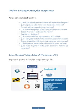 62
Tópico 5: Google Analytics Responde!
Perguntas Comuns dos Executivos:
• Quaisetapasdonossofunildeconversãonositetemosmaioresgaps?
• Quantas pessoas estão no meu site nesse exato momento?
• Em quais páginas elas estão nesse momento?
• Qual o perfil demográfico (Idade e Sexo) do público do meu site?
• De qual País, Estado ou Cidade eles vieram?
• Os Visitantes são Novos?
• Qual o Tempo Médio de Engajamento da visita no site?
• Qual o Navegador e o Sistema Operacional que os visitantes usam?
• Quais os Dispositivos Móveis que os visitantes do meu site usam?
• Quais Origens de Mídia trazem mais visitantes para o meu site?
• Quais dessas Origens de Mídia geram os maiores números de
conversões?
Como Mensurar Tráfego Externo? (Parâmetros UTM)
Tagueie tudo que “vier de fora”, com exceção do Google Ads
56
- Se deseja mensurar os resultados do seu Funil de Vendas online, crie esse Funil
dentro do menu Explorar
Tópico 5: Google Analytics Responde!
Perguntas Comuns dos Executivos:
- Quais etapas do nosso funil de conversão no site tem os maiores gaps?
- Quantas pessoas estão no meu site nesse exato momento?
- Em quais páginas elas estão nesse momento?
- Qual o perfil demográfico (Idade e Sexo) do público do meu site?
- De qual País, Estado ou Cidade eles vieram?
- Os Visitantes são Novos?
- Qual o Tempo Médio de Engajamento da visita no site?
- Qual o Navegador e o Sistema Operacional que os visitantes usam?
- Quais os Dispositivos Móveis que os visitantes do meu site usam?
- Quais Origens de Mídia trazem mais visitantes para o meu site?
- Quais dessas Origens de Mídia geram os maiores números de conversões?
Como Mensurar Tráfego Externo? (Parâmetros UTM)
Tagueie tudo que “vier de fora”, com exceção do Google Ads
 
