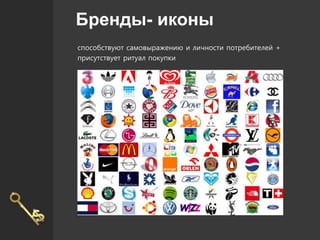 Бренды- иконы
способствуют самовыражению и личности потребителей +
присутствует ритуал покупки
 