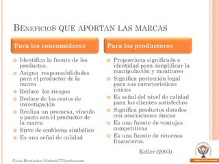 BENEFICIOS QUE APORTAN LAS MARCAS
Para los consumidores











Identifica la fuente de los
productos.
Asigna responsabilidades
para el productor de la
marca
Reduce los riesgos
Reduce de los costos de
investigación
Realiza un promesa, vínculo
o pacto con el productor de
la marca
Sirve de emblema simbólico
Es una señal de calidad

Para los productores









Proporciona significado e
identidad para simplificar la
manipulación y monitoreo
Significa protección legal
para sus características
únicas
Es señal del nivel de calidad
para los clientes satisfechos
Significa productos dotados
con asociaciones únicas
Es una fuente de ventajas
competitivas
Es una fuente de retornos
financieros.
Keller (2003)

Carlos Hernández / Carlosh777@yahoo.com

 