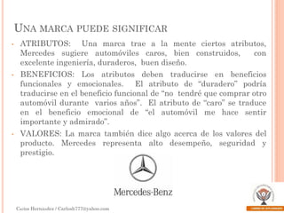 UNA MARCA PUEDE SIGNIFICAR
•

•

•

ATRIBUTOS: Una marca trae a la mente ciertos atributos,
Mercedes sugiere automóviles caros, bien construidos,
con
excelente ingeniería, duraderos, buen diseño.

BENEFICIOS: Los atributos deben traducirse en beneficios
funcionales y emocionales. El atributo de “duradero” podría
traducirse en el beneficio funcional de “no tendré que comprar otro
automóvil durante varios años”. El atributo de “caro” se traduce
en el beneficio emocional de “el automóvil me hace sentir
importante y admirado”.
VALORES: La marca también dice algo acerca de los valores del
producto. Mercedes representa alto desempeño, seguridad y
prestigio.

Carlos Hernández / Carlosh777@yahoo.com

 