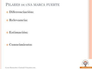 PILARES DE UNA MARCA FUERTE


Diferenciación:



Relevancia:



Estimación:



Conocimiento:

Carlos Hernández / Carlosh777@yahoo.com

 