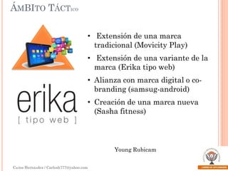 ÁMBITO TÁCTICO
• Extensión de una marca
tradicional (Movicity Play)

• Extensión de una variante de la
marca (Erika tipo web)
• Alianza con marca digital o cobranding (samsug-android)
• Creación de una marca nueva
(Sasha fitness)

Young Rubicam
Carlos Hernández / Carlosh777@yahoo.com

 