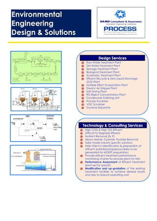 DDeessiiggnn SSeerrvviicceess
 Raw Water Treatment Plant
 DM Water Treatment Plant
 Sewage Treatment Plant
 Biological Treatment Plant
 Anaerobic Treatment Plant
 Effluent Recycle & Zero Liquid Discharge
(ZLD) Plant
 Multiple Effect Evaporation Plant
 Steam/ Air Stripper Plant
 Salt Drying Plant
 RO Reject Concentration Plant
 Condensate Polishing Unit
 Process Scrubber
 VOC Scrubber
 Cyclone Separator
TTeecchhnnoollooggyy && CCoonnssuullttiinngg SSeerrvviicceess
 High COD & High TDS Effluent
 Difficult to Degrade Effluent
 Nutrient Removal (N, P)
 Heavy Metals, Cyanide, Fluoride Removal
 Tailor made industry specific solutions
 Help Client in Identification & preparation of
effluent (solid/liquid/gaseous) likely to be
generated for MOEFF preparation.
 Provide effluent treatment performance
monitoring charter for process plant for MIS.
 Performance Assessment of Effluent treatment
plant-sector specific
 Modification and up-gradation of the existing
treatment facilities to achieve desired results
and also to reduce operating cost.
Environmental
Engineering
Design & Solutions
 