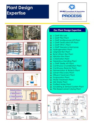 “
.
OOuurr PPllaanntt DDeessiiggnn EExxppeerrttiissee
 c GMP Kilo Lab
 c GMP Pilot Plant
 c GMP Multipurpose API Plant
 c GMP Dedicated API Plant
 c GMP HPAI’s Plant
 c GMP Steroids & Hormones
 Hydrogenation Plant
 Grignard Rxn Plant
 Butyl Lithium Rxn Plant
 Nitration Rxn Plant
 Chlorination Plant
 Hazardous Handling Plant
 c GMP Sterile API Plant
 Continuous Crystallization Plant
 Continuous Reactor Plant
 Fermentation & Biotech Plant
 Solvent Recovery Plant
 Effluent Treatment Plant
 Evaporation Plant
 Water Treatment Plant
 DM Water Plant
 Purified Water Plant
 Scrubbing & Exhaust System Plant
 PSA Based solvent drying Plant
Plant Design
Expertise
 