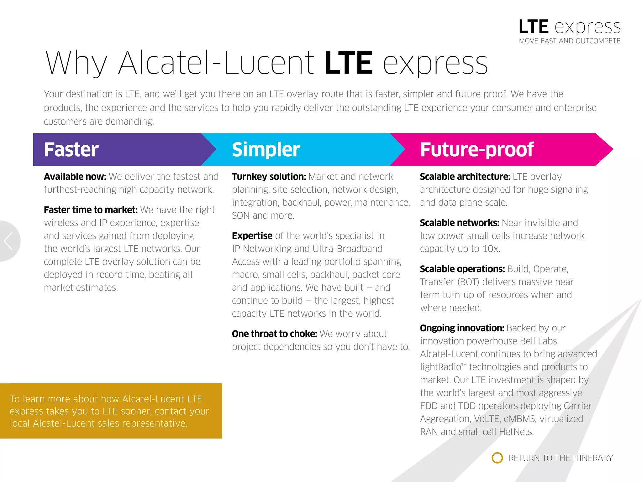 LTE express
MOVE FAST AND OUTCOMPETE
To learn more about how Alcatel-Lucent LTE
express takes you to LTE sooner, contact your
local Alcatel-Lucent sales representative.
Why Alcatel-Lucent LTE express
Your destination is LTE, and we’ll get you there on an LTE overlay route that is faster, simpler and future proof. We have the
products, the experience and the services to help you rapidly deliver the outstanding LTE experience your consumer and enterprise
customers are demanding.
Faster
Available now: We deliver the fastest and
furthest-reaching high capacity network.
Faster time to market: We have the right
wireless and IP experience, expertise
and services gained from deploying
the world’s largest LTE networks. Our
complete LTE overlay solution can be
deployed in record time, beating all
market estimates.
Simpler
Turnkey solution: Market and network
planning, site selection, network design,
integration, backhaul, power, maintenance,
SON and more.
Expertise of the world’s specialist in
IP Networking and Ultra-Broadband
Access with a leading portfolio spanning
macro, small cells, backhaul, packet core
and applications. We have built — and
continue to build — the largest, highest
capacity LTE networks in the world.
One throat to choke: We worry about
project dependencies so you don’t have to.
Future-proof
Scalable architecture: LTE overlay
architecture designed for huge signaling
and data plane scale.
Scalable networks: Near invisible and
low power small cells increase network
capacity up to 10x.
Scalable operations: Build, Operate,
Transfer (BOT) delivers massive near
term turn-up of resources when and
where needed.
Ongoing innovation: Backed by our
innovation powerhouse Bell Labs,
Alcatel-Lucent continues to bring advanced
lightRadio™ technologies and products to
market. Our LTE investment is shaped by
the world’s largest and most aggressive
FDD and TDD operators deploying Carrier
Aggregation, VoLTE, eMBMS, virtualized
RAN and small cell HetNets.
RETURN TO THE ITINERARY
 