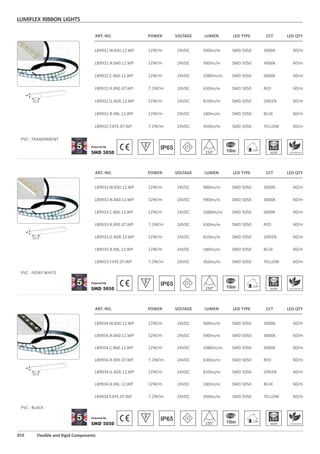 LUMIFLEX RIBBON LIGHTS
010 Flexible and Rigid Components
ART. NO. POWER VOLTAGE LED TYPELUMEN CCT LED QTY
SMD 5050 150° 10m 60/M
IP65
15.5
6
900lm/m
990lm/m
3000K 60/m24VDC SMD 5050
4000K 60/m24VDC SMD 5050
RED630lm/m 60/m24VDC SMD 5050
1080lm/m 6000K 60/m24VDC SMD 5050
LB9932.W.830.12.WP
LB9932.N.840.12.WP
LB9932.R.XRE.07.WP
YELLOW450lm/m 60/m24VDC SMD 5050LB9932.Y.XYE.07.WP
GREEN810lm/m 60/m24VDC SMD 5050LB9932.G.XGR.12.WP
12W/m
12W/m
7.2W/m
12W/m
7.2W/m
12W/m
12W/m BLUE180lm/m 60/m24VDC SMD 5050LB9932.B.XBL.12.WP
LB9932.C.860.12.WP
ART. NO. POWER VOLTAGE LED TYPELUMEN CCT LED QTY
SMD 5050 150° 10m 60/M
IP65
15.5
6
900lm/m
990lm/m
12W/m 3000K 60/m24VDC SMD 5050
12W/m 4000K 60/m24VDC SMD 5050
7.2W/m RED630lm/m 60/m24VDC SMD 5050
1080lm/m12W/m 6000K 60/m24VDC SMD 5050
LB9933.W.830.12.WP
LB9933.N.840.12.WP
LB9933.R.XRE.07.WP
7.2W/m YELLOW450lm/m 60/m24VDC SMD 5050LB9933.Y.XYE.07.WP
12W/m GREEN810lm/m 60/m24VDC SMD 5050
12W/m BLUE180lm/m 60/m24VDC SMD 5050
LB9933.G.XGR.12.WP
LB9933.B.XBL.12.WP
LB9933.C.860.12.WP
ART. NO. POWER VOLTAGE LED TYPELUMEN CCT LED QTY
SMD 5050 150° 10m 60/M
IP65
15.5
6
900lm/m
990lm/m
12W/m 3000K 60/m24VDC SMD 5050
12W/m 4000K 60/m24VDC SMD 5050
7.2W/m RED630lm/m 60/m24VDC SMD 5050
12W/m GREEN810lm/m 60/m24VDC SMD 5050
12W/m BLUE180lm/m 60/m24VDC SMD 5050
1080lm/m12W/m 6000K 60/m24VDC SMD 5050
LB9934.W.830.12.WP
LB9934.N.840.12.WP
LB9934.R.XRE.07.WP
7.2W/m YELLOW450lm/m 60/m24VDC SMD 5050LB9934.Y.XYE.07.WP
LB9934.G.XGR.12.WP
LB9934.B.XBL.12.WP
LB9934.C.860.12.WP
PVC : TRANSPARENT
PVC : IVORY WHITE
PVC : BLACK
 