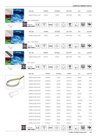 LUMIFLEX RIBBON LIGHTS
011Flexible and Rigid Components
SMD 3528 120° 20m 72/78/M
IP67
ART. NO. LED QTY
9
15
ART. NO. POWER VOLTAGE LED TYPE CCT LED QTY
SMD 5050 150° 10m 60/M
IP65
15.5
6
LB9942.X.RGB.12.WP 12W/m RGB 60/m24VDC SMD 5050
PVC : TRANSPARENT
ART. NO. POWER VOLTAGE LED TYPE CCT LED QTY
SMD 5050 150° 10m 60/M
IP65
6
LB9943.X.RGB.12.WP 12W/m RGB 60/m24VDC SMD 5050
PVC : IVORY WHITE
ART. NO. POWER VOLTAGE LED TYPE CCT LED QTY
SMD 5050 150° 10m 60/M
IP65
6
LB9946.X.RGB.12.WP 12W/m RGB 60/m24VDC SMD 5050
PVC : BLACK
LB9905.W.830.05.WP 78/m
LB9905.N.840.05.WP 78/m
LB9905.C.855.05.WP 78/m
LB9905.R.XRE.04.WP 72/m
LB9905.G.XGR.04.WP 72/m
LB9905.B.XBL.04.WP
POWER
4.68W/m
4.68W/m
4.68W/m
4.32W/m
4.32W/m
4.32W/m
CCT
72/m
VOLTAGE
24VDC
24VDC
24VDC
24VDC
24VDC
24VDC
LUMEN
LB9904.W.830.05.WP 78/m
LB9904.N.840.05.WP 78/m
LB9904.P.850.05.WP 78/m
LB9904.R.XRE.04.WP 72/m
LB9904.G.XGR.04.WP 72/m
LB9904.B.XBL.04.WP 72/m
LB9904.C.860.05.WP 78/m
4.68W/m
4.68W/m
4.68W/m
4.32W/m
4.32W/m
4.32W/m
4.68W/m
12VDC
12VDC
12VDC
12VDC
12VDC
12VDC
12VDC
130lm/m
145lm/m
160lm/m
91lm/m
LB9904.Y.XYE.04.WP 72/m4.32W/m 12VDC 65lm/m
117lm/m
26lm/m
170lm/m
130lm/m
145lm/m
160lm/m
91lm/m
LB9905.Y.XYE.04.WP 72/m4.32W/m
3000K
4000K
5500K
RED
GREEN
BLUE
3000K
4000K
5000K
RED
GREEN
BLUE
6000K
YELLOW
YELLOW24VDC 65lm/m
117lm/m
26lm/m
15.5
15.5
 