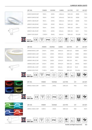 LUMIFLEX NEON LIGHTS
013Flexible and Rigid Components
ART. NO. POWER VOLTAGE LED TYPELUMEN CCT LED QTY
450lm/m
540lm/m
LB9949.W.830.11.WP 11W/m 3000K 108/m24VDC SMD LED
LB9949.N.840.11.WP 11W/m 4000K 108/m24VDC SMD LED
LB9949.C.860.11.WP 11W/m 6000K 108/m24VDC SMD LED
LB9949.R.XRE.07.WP 7.2W/m RED315lm/m 108/m24VDC SMD LED
LB9949.Y.XYE.07.WP 7.2W/m YELLOW225lm/m 108/m24VDC SMD LED
LB9949.G.XGR.11.WP 11W/m GREEN405lm/m 108/m24VDC SMD LED
LB9949.B.XBL.11.WP 11W/m BLUE90lm/m 108/m24VDC SMD LED
SMD LED 160° 10m 108/M
IP68
495lm/m
16
16
ART. NO. POWER
12W/m
CCT
RGB 60/m
LED QTYVOLTAGE
24VDC
LED TYPE
SMD LEDLB9936.X.RGB.12.WP
SMD LED 160° 20m 60/M
IP68
11.5
21
ART. NO. POWER VOLTAGE LED TYPELUMEN CCT LED QTY
130lm/m
160lm/m
LB9947.W.830.05.WP 5W/m 3000K 72/m24VDC SMD LED
LB9947.N.840.05.WP 5W/m 4000K 72/m24VDC SMD LED
LB9947.C.860.05.WP 5W/m 6000K 72/m24VDC SMD LED
LB9947.R.XRE.04.WP 3.5W/m RED90lm/m 72/m24VDC SMD LED
LB9947.Y.XYE.04.WP 3.5W/m YELLOW65lm/m 72/m24VDC SMD LED
LB9947.G.XGR.05.WP 5W/m GREEN120lm/m 72/m24VDC SMD LED
LB9947.B.XBL.05.WP 5W/m BLUE25lm/m 72/m24VDC SMD LED
SMD LED 160° 20m 72/M
IP68
145lm/m
11.5
26
LB9941.X.RGB.12.WP 12W/m RGB 60/m24VDC SMD LED
ART. NO. POWER VOLTAGE LED TYPE CCT LED QTY
SMD LED 270° 10m 60/M
IP68
11.5
29
 