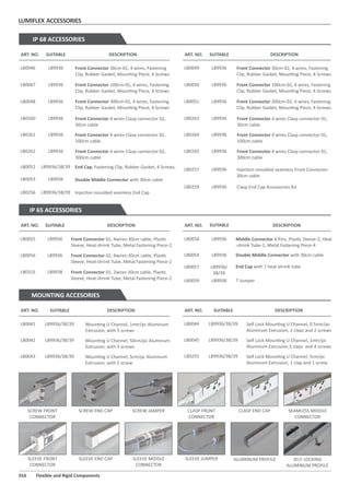 LUMIFLEX ACCESSORIES
016 Flexible and Rigid Components
ART. NO. DESCRIPTION
Moun ng U Channel, 1mtr/pc Aluminum
Extrusion, with 5 screws
LB0041
Moun ng U Channel, 50cm/pc Aluminum
Extrusion, with 3 screws
LB0042
Moun ng U Channel, 5cm/pc Aluminum
Extrusion, with 1 screw
LB0043
Self Lock Moun ng U Channel, 0.5mtr/pc
Aluminum Extrusion, 2 claps and 2 screws
LB0044
Self Lock Moun ng U Channel, 1mtr/pc
Aluminum Extrusion,3 claps and 4 screws
LB0045
Self Lock Moun ng U Channel, 5cm/pc
Aluminum Extrusion, 1 clap and 1 screw
LB0255
SCREW FRONT
CONNECTOR
SCREW END CAP SCREW JAMPER CLASP FRONT
CONNECTOR
CLASP END CAP
ALUMINUM PROFILE SELF LOCKING
ALUMINUM PROFILE
SEAMLESS MIDDLE
CONNECTOR
SLEEVE FRONT
CONNECTOR
SLEEVE END CAP SLEEVE MIDDLE
CONNECTOR
SLEEVE JUMPER
ART. NO. DESCRIPTION
MOUNTING ACCESORIES
ART. NO. DESCRIPTION
Front Connector 01, 4wires-30cm cable, Plas c
Sleeve, Heat-shrink Tube, Metal Fastening Piece-2
LB0055
LB0056
Middle Connector 4 Pins, Plas c Sleeve-2, Heat
-shrink Tube-1, Metal Fastening Piece-4
LB0058
Front Connector 02, 4wires-30cm cable, Plas c
Sleeve, Heat-shrink Tube, Metal Fastening Piece-2
Front Connector 01, 2wires 30cm cable, Plas c
Sleeve, Heat-shrink Tube, Metal Fastening Piece-2
LB0315
End Cap with 1 heat shrink tubeLB0057
Double Middle Connector with 30cm cableLB0054
T JumperLB0059
ART. NO. DESCRIPTION
IP 65 ACCESSORIES
LB9936/38/39
LB9936/38/39
LB9936/38/39
SUITABLE
SUITABLE
LB9936
LB9936/
38/39
LB9936
LB9938
SUITABLE
LB9936/38/39
LB9936/38/39
LB9936/38/39
SUITABLE
LB9936
LB9936
LB9938
ART. NO. DESCRIPTION
Front Connector 300cm-02, 4 wires, Fastening
Clip, Rubber Gasket, Moun ng Piece, 4 Screws.
LB0051
End Cap, Fastening Clip, Rubber Gasket, 4 Screws.LB0052
Double Middle Connector with 30cm cableLB0053
Injec on moulded seamless End CapLB0256
Injec on moulded seamless Front Connector-
30cm cable
LB0257
Clasp End Cap Accessories KitLB0259
Front Connector 4 wires Clasp connector 02,
30cm cable
LB0260
Front Connector 4 wires Clasp connector 02,
100cm cable
Front Connector 4 wires Clasp connector 02,
300cm cable
LB0261
LB0262
Front Connector 4 wires Clasp connector 01,
30cm cable
LB0263
Front Connector 4 wires Clasp connector 01,
100cm cable
Front Connector 4 wires Clasp connector 01,
300cm cable
LB0264
LB0265
Front Connector 30cm-01, 4 wires, Fastening
Clip, Rubber Gasket, Moun ng Piece, 4 Screws
ART. NO. DESCRIPTION
LB0046
Front Connector 100cm-01, 4 wires, Fastening
Clip, Rubber Gasket, Moun ng Piece, 4 Screws
LB0047
Front Connector 300cm-01, 4 wires, Fastening
Clip, Rubber Gasket, Moun ng Piece, 4 Screws
LB0048
Front Connector 30cm-02, 4 wires, Fastening
Clip, Rubber Gasket, Moun ng Piece, 4 Screws.
LB0049
Front Connector 100cm-02, 4 wires, Fastening
Clip, Rubber Gasket, Moun ng Piece, 4 Screws.
LB0050
IP 68 ACCESSORIES
SUITABLE
LB9936
LB9936
LB9936
LB9936
LB9936
LB9936
LB9936
LB9936
SUITABLE
LB9936/38/39
LB9936
LB9936/38/39
LB9936
LB9936
LB9936
LB9936
LB9936
LB9936
 