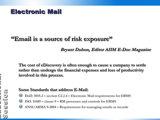 Electronic Mail “ Email is a source of risk exposure” Bryant Duhon, Editor AIIM E-Doc Magazine The cost of eDiscovery is often enough to cause a company to settle rather than undergo the financial expenses and loss of productivity involved in this process. Some Standards that address E-Mail: DoD: 5015.2 – section C2.2.4 – Electronic Mail requirements for ERMS ISO: 15489 – clause 9 – RM processes and controls for ERMS ANSI/ARMA 9-2004 – Requirements for managing emails as records 