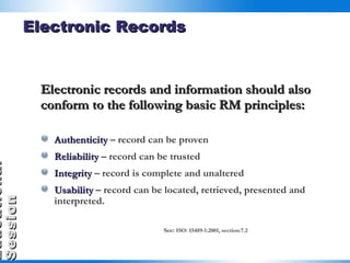 Electronic Records Electronic records and information should also conform to the following basic RM principles: Authenticity  – record can be proven Reliability  – record can be trusted Integrity  – record is complete and unaltered Usability  – record can be located, retrieved, presented and interpreted. See:  ISO: 15489-1:2001, section:7.2 