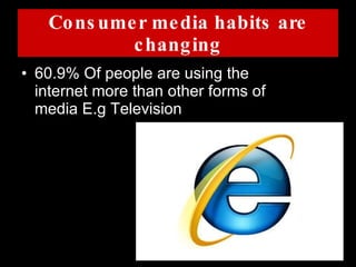 Consumer media habits are changing 60.9% Of people are using the internet more than other forms of media E.g Television 