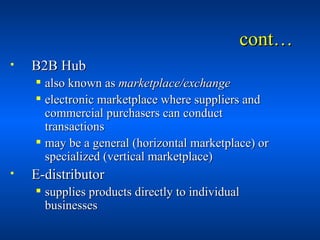 cont… <ul><li>B2B Hub </li></ul><ul><ul><li>also known as  marketplace/exchange </li></ul></ul><ul><ul><li>electronic mark...