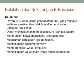 Kelebihan dan Kekurangan E-Business
Kelebihan:
• Revenue Stream (aliran pendapatan) baru yang mungkin
lebih menjanjikan dan tidak bisa ditemui di sistem
transaksi tradisional.
• Dapat meningkatkan market exposure (pangsa pasar).
• Menurunkan biaya operasional (operating cost).
• Melebarkan jangkauan (global reach).
• Meningkatkan customer loyality.
• Memperpendek waktu produksi.
• Meningkatkan value chain (mata rantai pendapatan
 