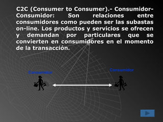 C2C (Consumer to Consumer).- Consumidor-Consumidor:  Son relaciones entre consumidores como pueden ser las subastas on-line. Los productos y servicios se ofrecen y demandan por particulares que se convierten en consumidores en el momento de la transacción. Consumidor Consumidor 