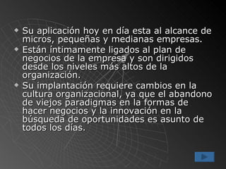 Su aplicación hoy en día esta al alcance de micros, pequeñas y medianas empresas. Están íntimamente ligados al plan de negocios de la empresa y son dirigidos desde los niveles más altos de la organización. Su implantación requiere cambios en la cultura organizacional, ya que el abandono de viejos paradigmas en la formas de hacer negocios y la innovación en la búsqueda de oportunidades es asunto de todos los días. 