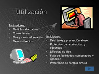 Inhibidores: Desinterés y precaución al uso. Protección de la privacidad y seguridad Dificultad de Uso Falta de facilidades: computadora y conexión Preferencia de compra directa Motivadores: Múltiples alternativas Conveniencia Mas y mejor Información Mejores Precios Utilización 