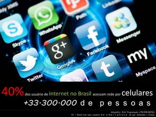 40%   dos usuário de internet   no Brasil acessam rede por celulares
  +33.300.000 d e p e s s o a s
                                                                      Infográfico Web Programação (15/05/2012)
                                IG – Brasil tem mais usuários d e s m a r t p h o n e do que Alemanha e França
 