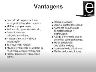 Vantagens
■ Fonte de ideias para melhorar
a competitividade das empresas;
■ Melhoria de processos;
■ Redução de custos de atividade;
■ Fornecimento de
soluções inovadoras;
■ Apresenta novos desafios á
organização;
■ Soluções mais rápidas;
■ Muda a forma como os clientes se
relacionam com a organização;
■ Permite prazos de produção mais
curtos;
■ Reduz estoques;
■ Diminui custos logísticos;
■ Aumenta os canais de
comercialização /
distribuição;
■ Alarga o mercado alvo e
potencial da organização;
■ Maior satisfação
dos stakeholders;
■ Incremento da eficiência;
■ Melhoria dos resultados.
 