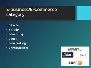 E-business/E-Commerce
category
• E-banks
• E-trade
• E-learning
• E-mail
• E-marketing
• E-transactions
 