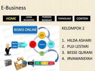 E-Business
HOME

LATAR
BELAKANG

PERKEM
BANGAN

TEKNOLOGI

CONTOH

KELOMPOK 2
1.
2.
3.
4.

HILDA ASHARI
PUJI LESTARI
BESSE QURANI
IRVAWANSYAH

 