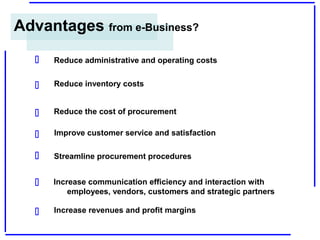 Advantages from e-Business?


Reduce administrative and operating costs



Reduce inventory costs



Reduce the cost of...