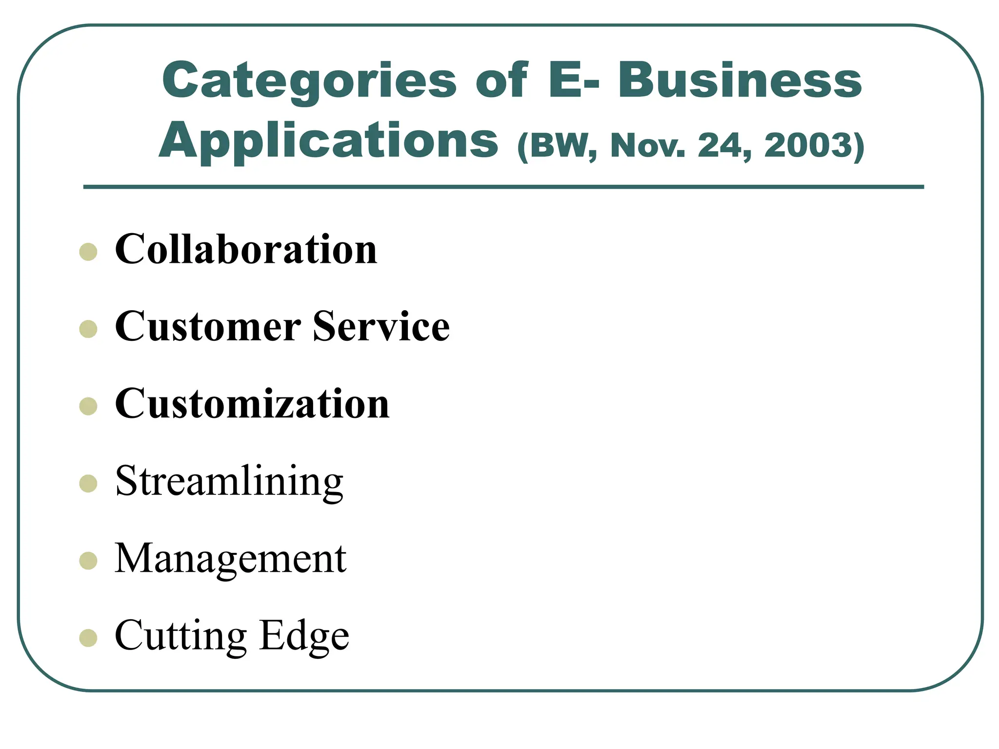 Categories of E- Business
Applications (BW, Nov. 24, 2003)
 Collaboration
 Customer Service
 Customization
 Streamlining
 Management
 Cutting Edge
 