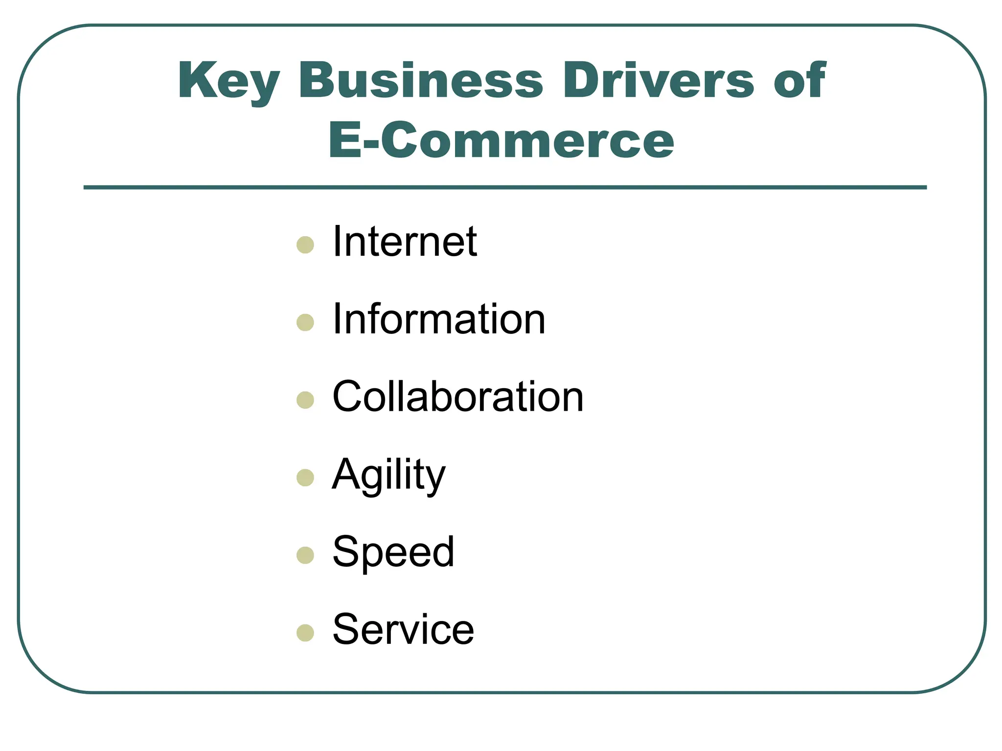 Key Business Drivers of
E-Commerce
 Internet
 Information
 Collaboration
 Agility
 Speed
 Service
 