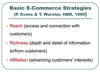 Basic E-Commerce Strategies
(P. Evans & T. Wurster, HBR, 1999)
 Reach (access and connection with
customers)
 Richness (depth and detail of information
to/from customers)
 Affiliation (advancing customers’ interests)
 